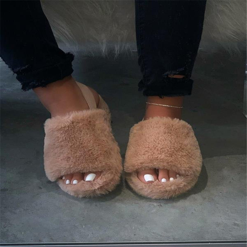 Plus size thick sole furry fur slippers  sandals Thecurvestory