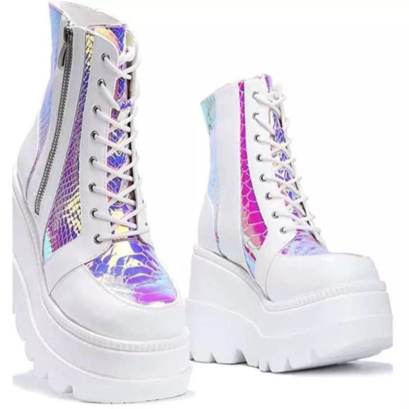 High Platform holographic Boot with zipper  Boots Thecurvestory