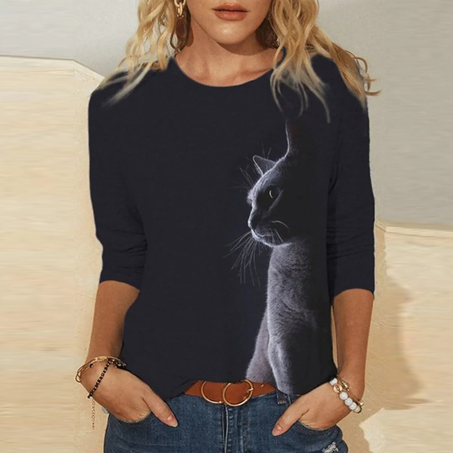 Tshirt  | Knitted Long Sleeve Printed Round Neck Women's T-Shirt | 6style |  2XL| thecurvestory.myshopify.com