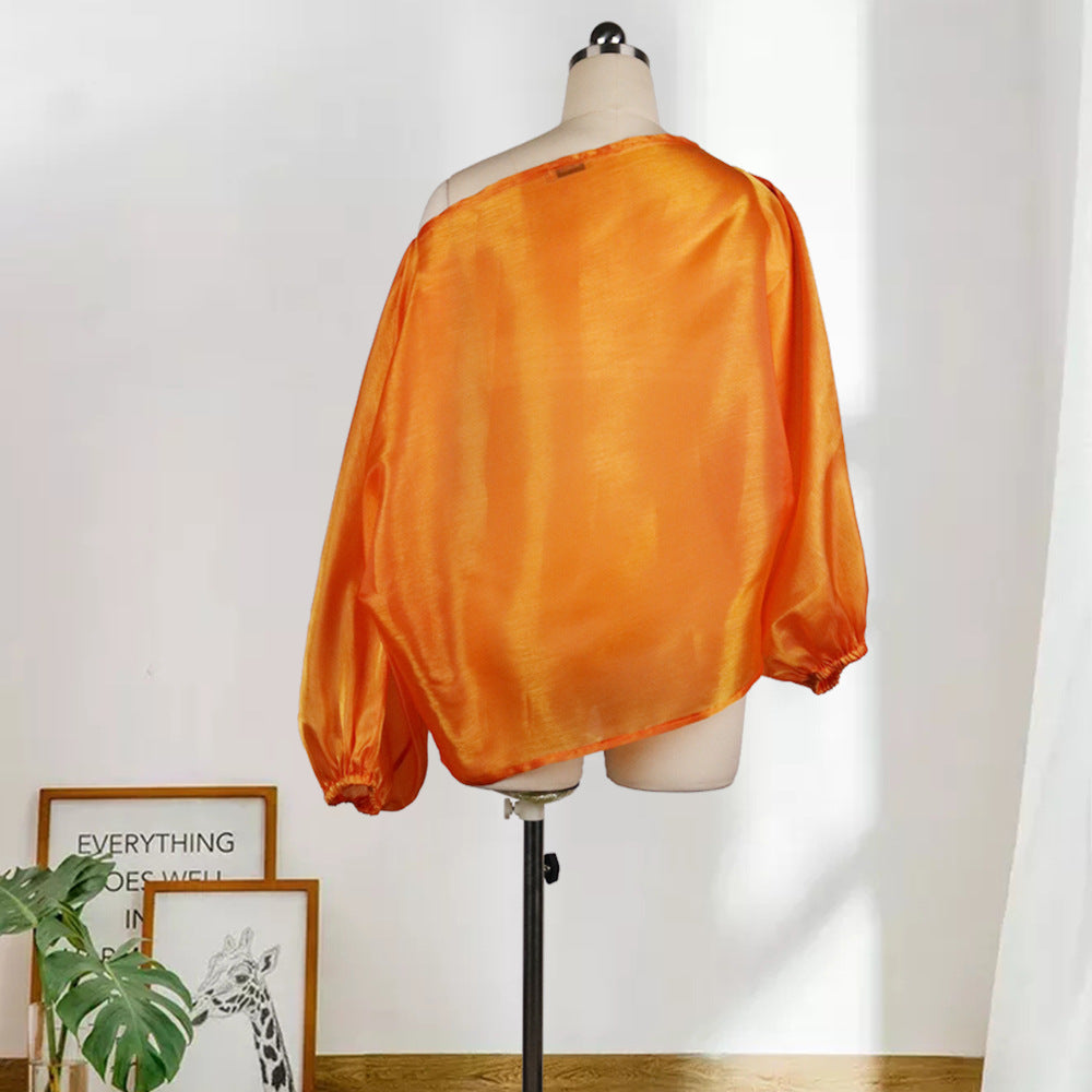 Tops  | Sexy Sloping Shoulder Lantern Sleeves Plus Size Commuter Loose Casual All-match Shirt Top Women | Orange |  2XL| thecurvestory.myshopify.com