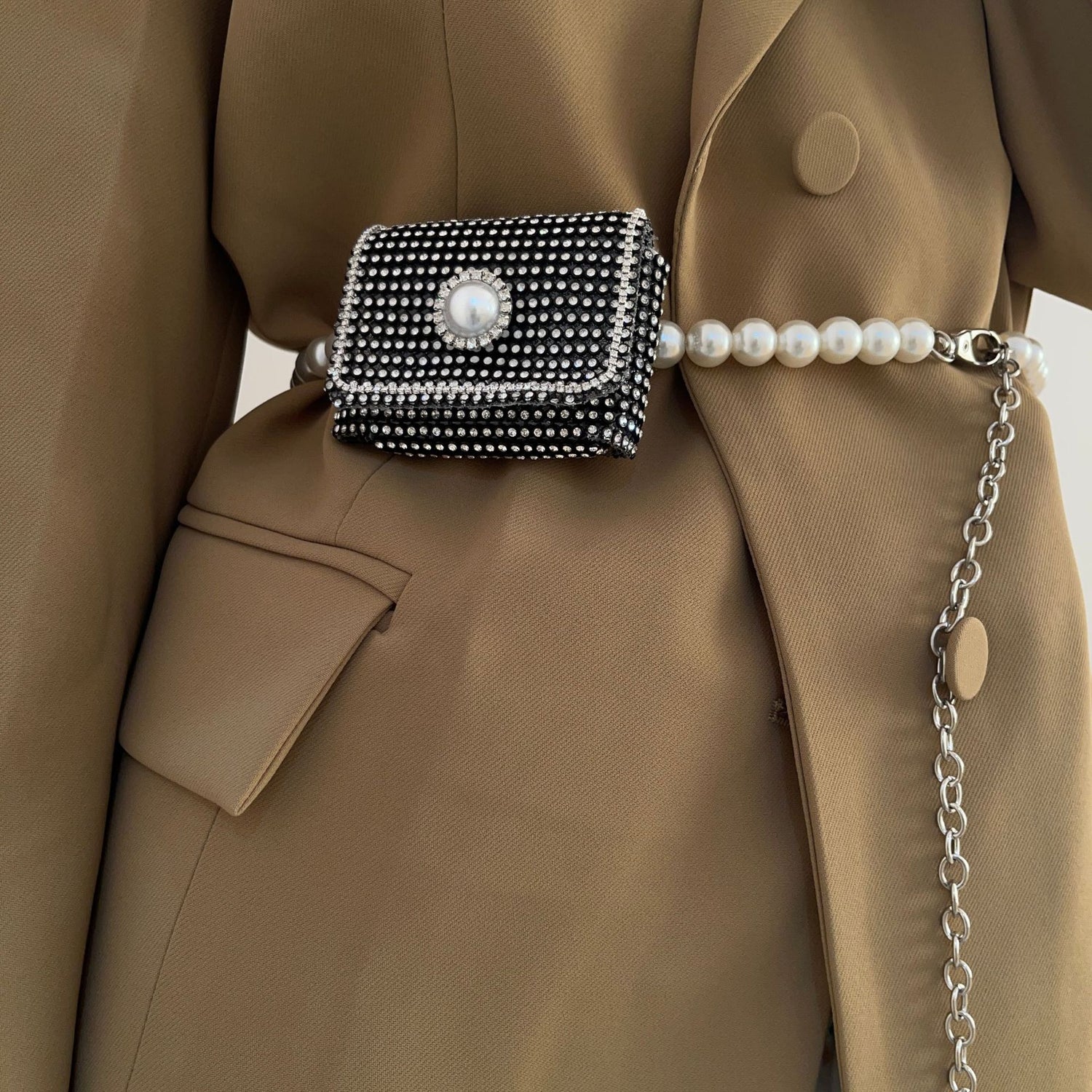 Pearl Belt Rhinestone Mini Waist Bag  waist bags Thecurvestory