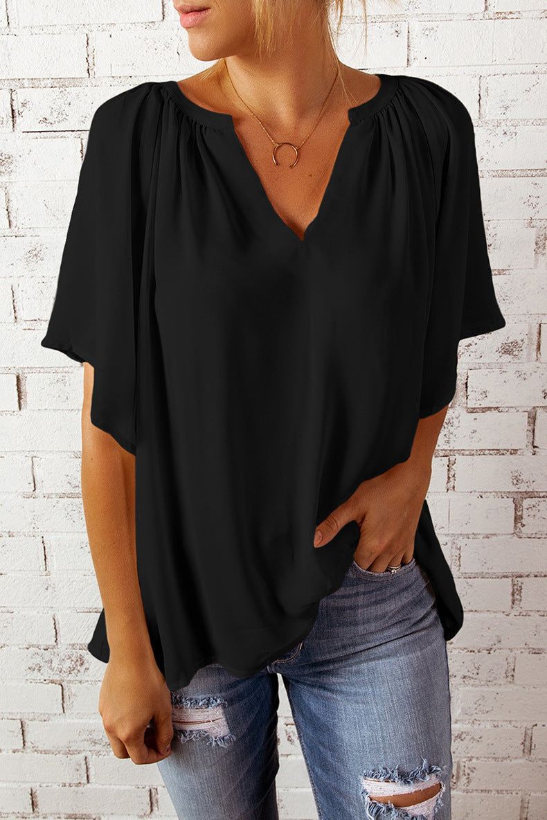 Tshirt  | Women's Loose Half Sleeve T-Shirt V-Neck Slim Fit | [option1] |  [option2]| thecurvestory.myshopify.com