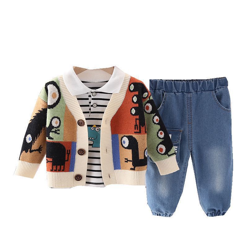 Boys three piece knitted cardigan tshirt pants suit  Boy Suit Thecurvestory