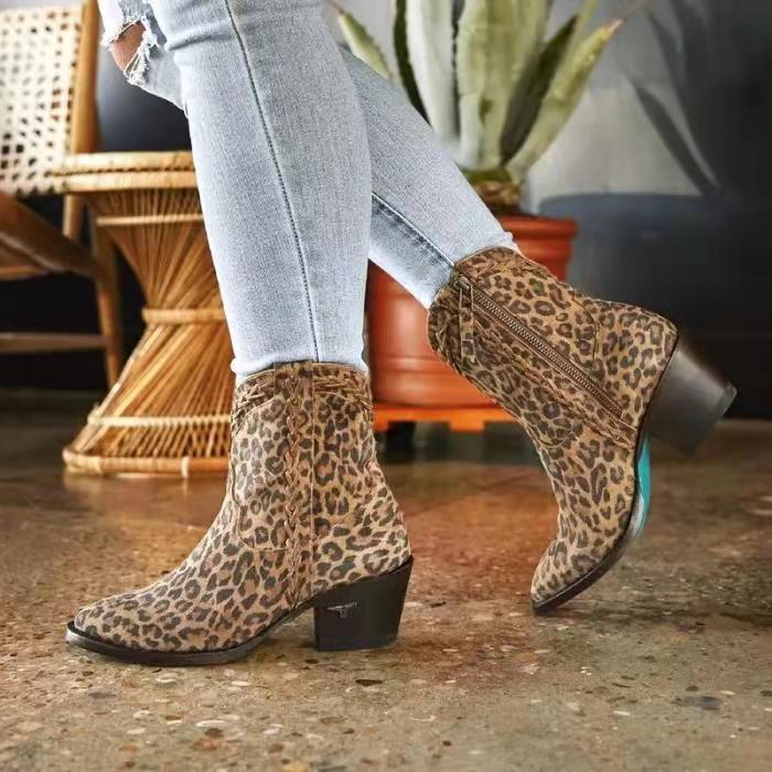 Ankle Boots  | Women Pointed Retro western Heeled boots | Leopard print |  34| thecurvestory.myshopify.com