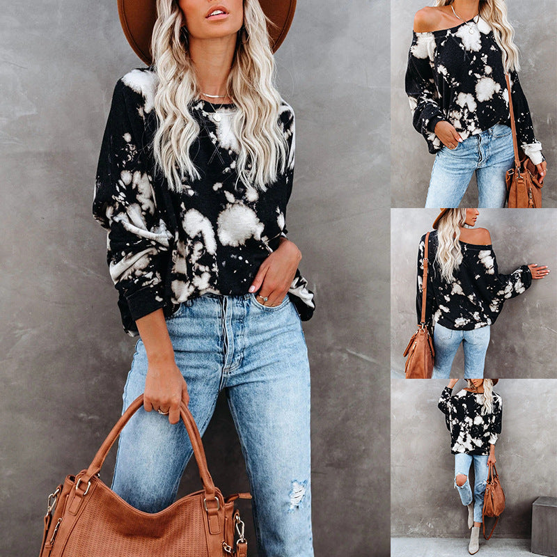 Tops  | Tie-Dye Printed Long-Sleeved Round Neck Casual Loose Top | black tiedye |  L| thecurvestory.myshopify.com
