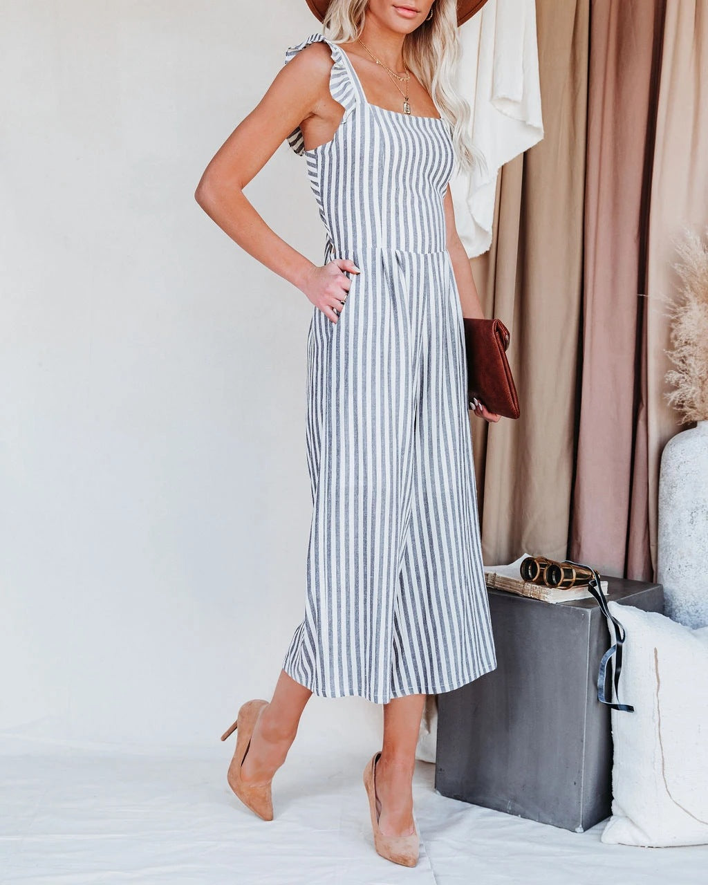 Jumpsuit  | Women Plus Size Ruffled Striped Jumpsuit With Pockets | Grey |  2XL| thecurvestory.myshopify.com