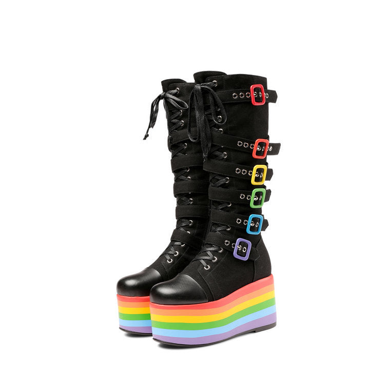 Women's Denim Buckled Pride High Platform  Boots  Boots Thecurvestory