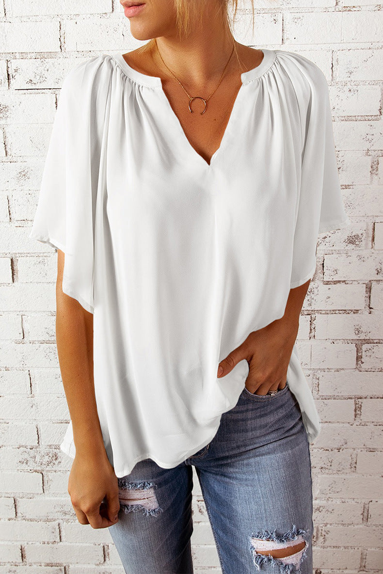 Tshirt  | Women's Loose Half Sleeve T-Shirt V-Neck Slim Fit | White |  L| thecurvestory.myshopify.com