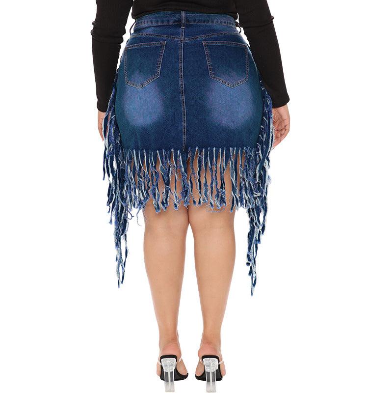 Plus size Women's Spring Denim Skirt With Fringe  Skirt Thecurvestory