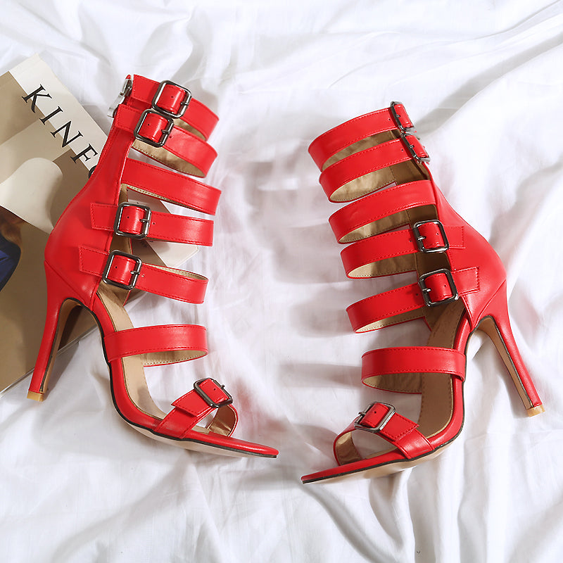 Heeled Sandals  | British high tube sexy high heel sandals women belt buckle Roman boots | Red |  32| thecurvestory.myshopify.com