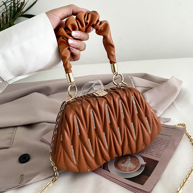 Handbag  | Fashion Chain Pleated Portable Hand Bag | Brown |  [option2]| thecurvestory.myshopify.com