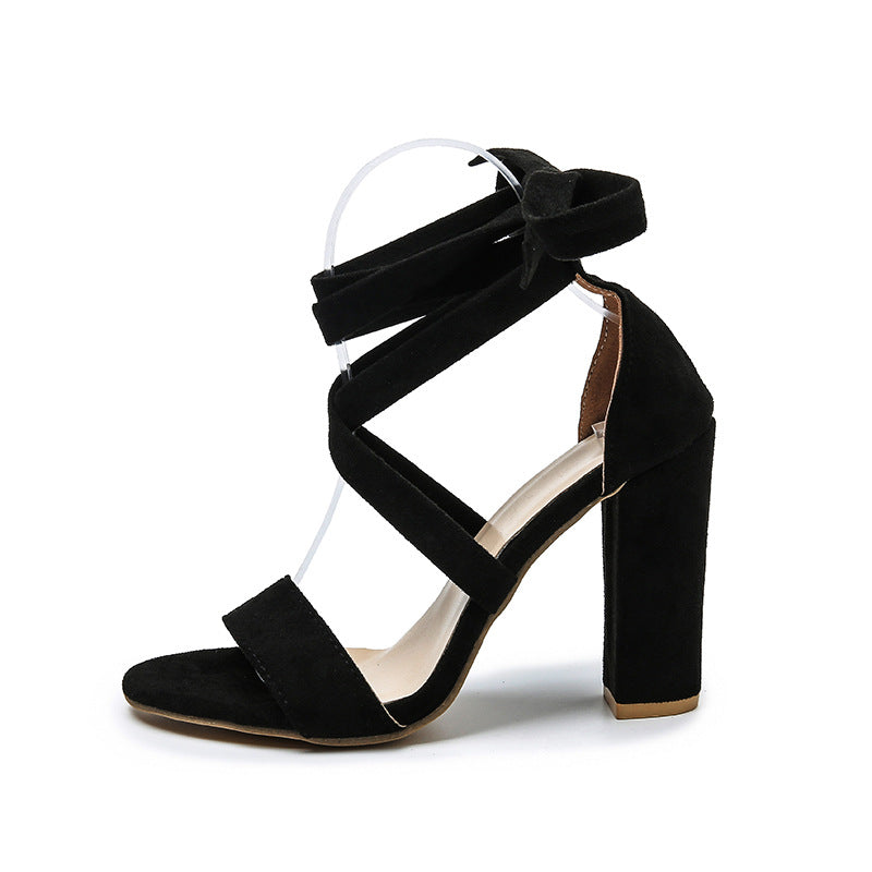 Heeled Sandals  | Super high heel hollow round head with sandals ankle strap buckle women's shoes | Black |  34| thecurvestory.myshopify.com