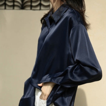 Shirt  | Women's Long-sleeved Satin Shirt | Royal blue |  2XL| thecurvestory.myshopify.com