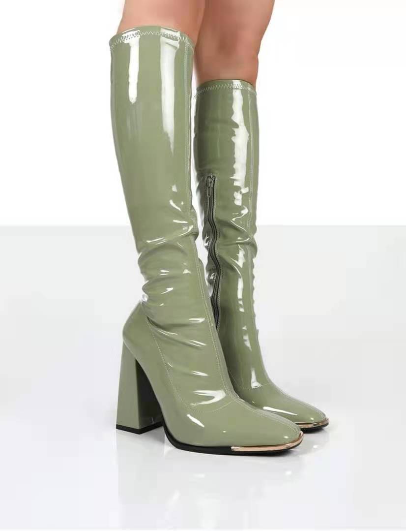 Square Toe Chunky Heel Bright Leather large Size Side Zip knee Boots  Boots Thecurvestory