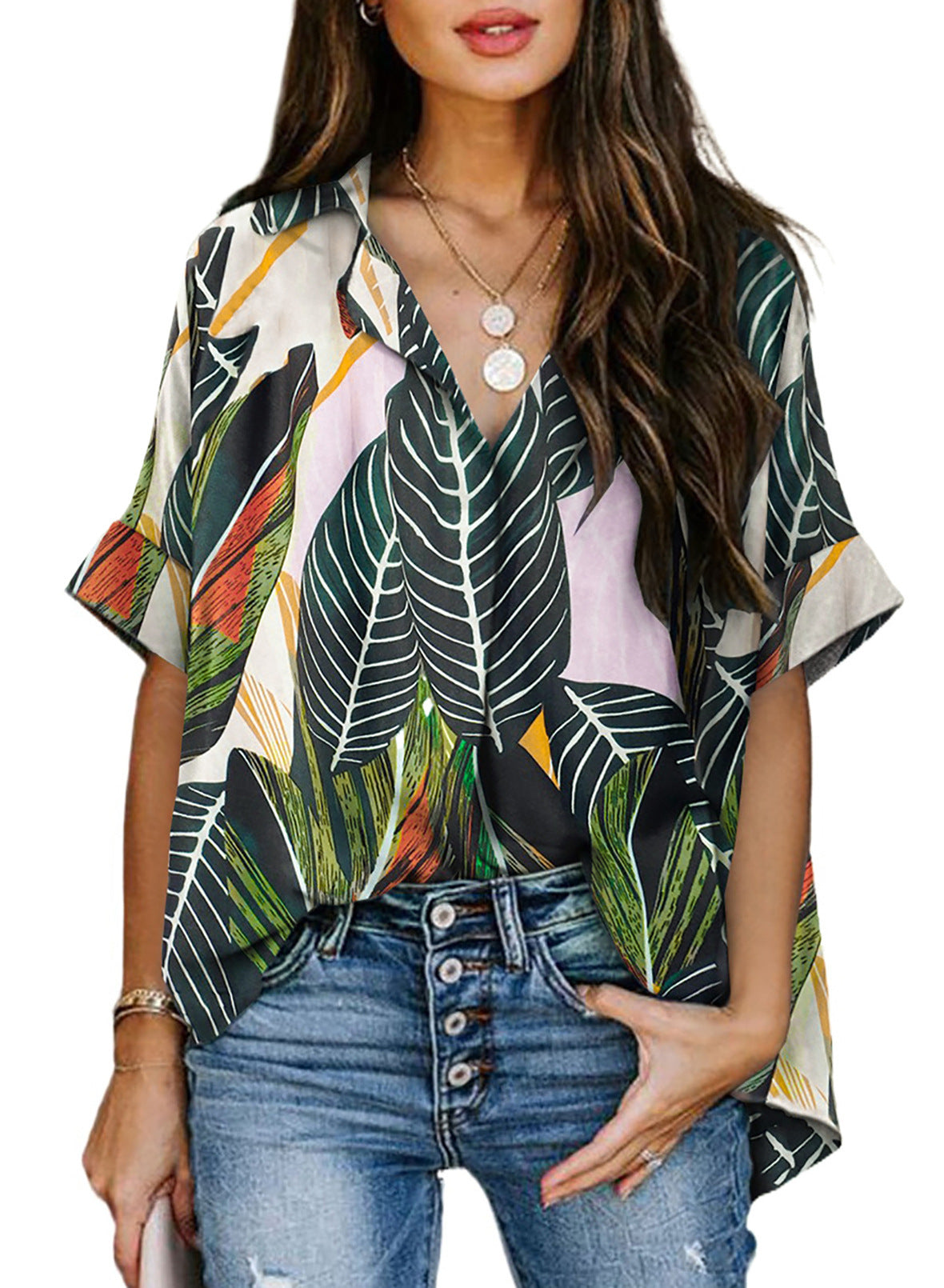 Shirt  | Plus size Women's Casual V-Neck Short Sleeve Shirt | Leaves red flowers |  3XL| thecurvestory.myshopify.com