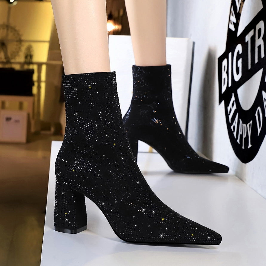 Rhinestone block Heel Boots With Pointed Toe  Heeled Boots Thecurvestory