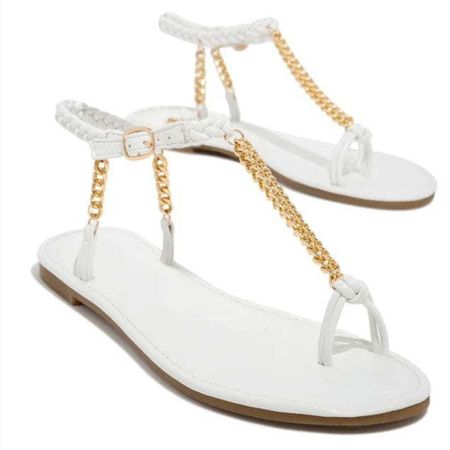 Heeled Sandals  | Round Toe Flat Toe Metal Chain Sandals Women's Large Size Beach Sandals | White |  36| thecurvestory.myshopify.com