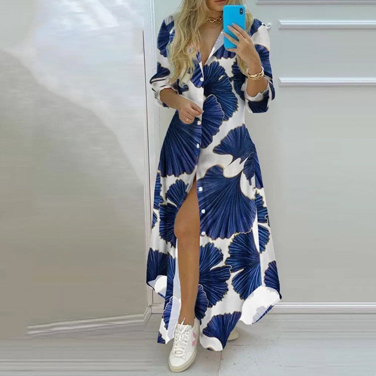 [product_type]  | Button Fashion Print Long Sleeve Shirt Sexy Dress Women | Navy blue flowers |  2XL| thecurvestory.myshopify.com