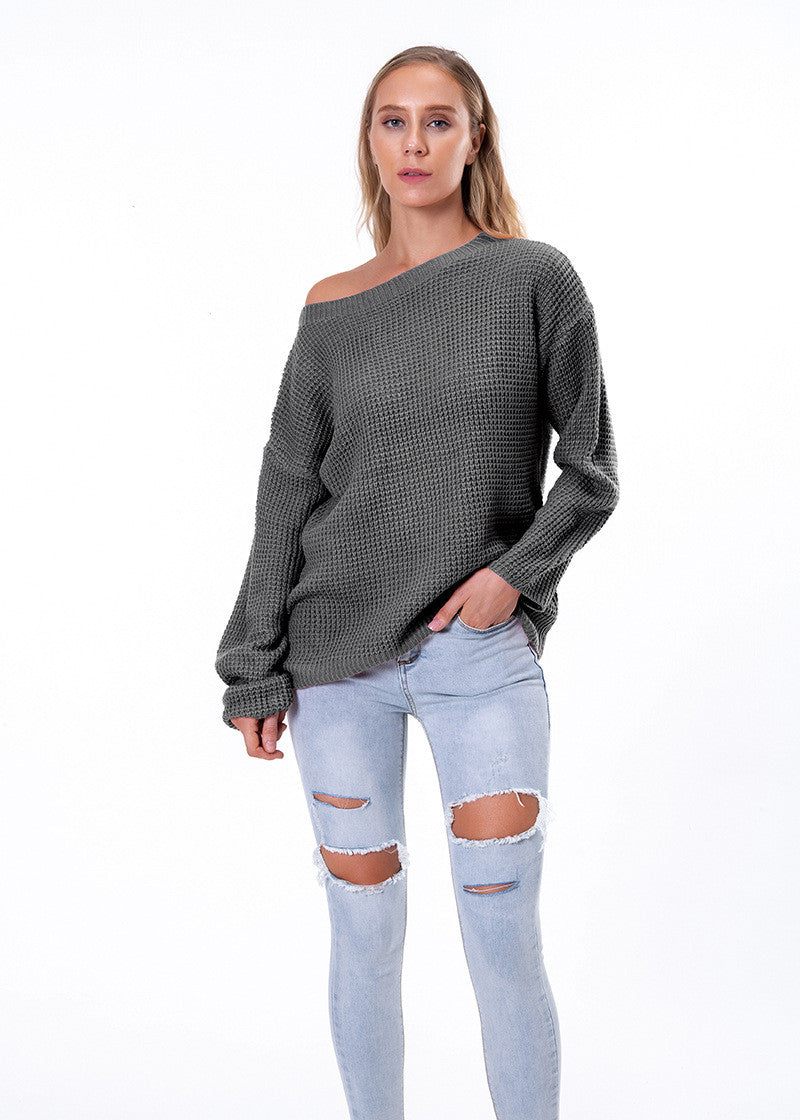 Solid Color Loose Slant Collar Short Top Long Sleeve Knitted Sweater  sweaters Thecurvestory