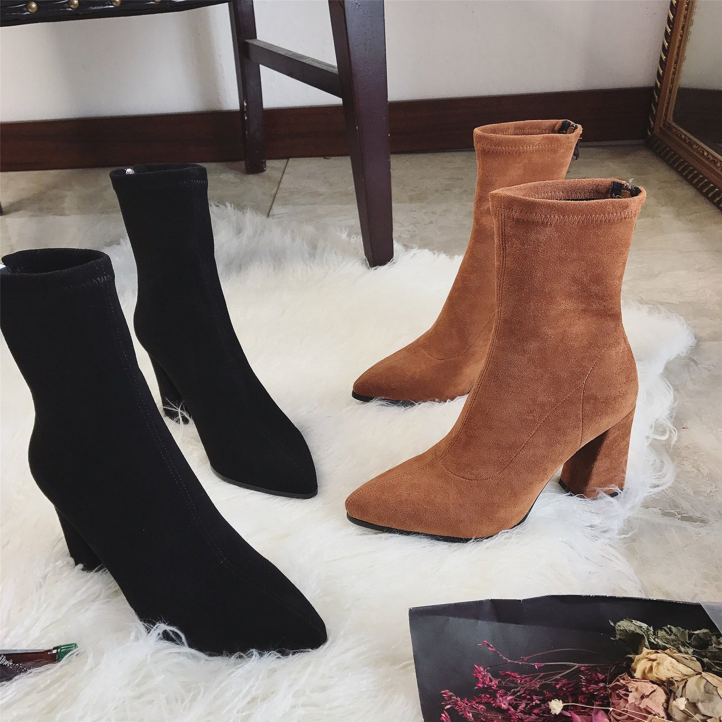Women's Suede Thick Heeled Ankle boots  Heeled boots Thecurvestory