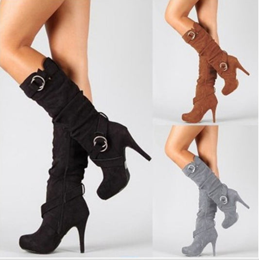 Heeled Boots  | Belt buckle side zip high boots | thecurvestory.myshopify.com