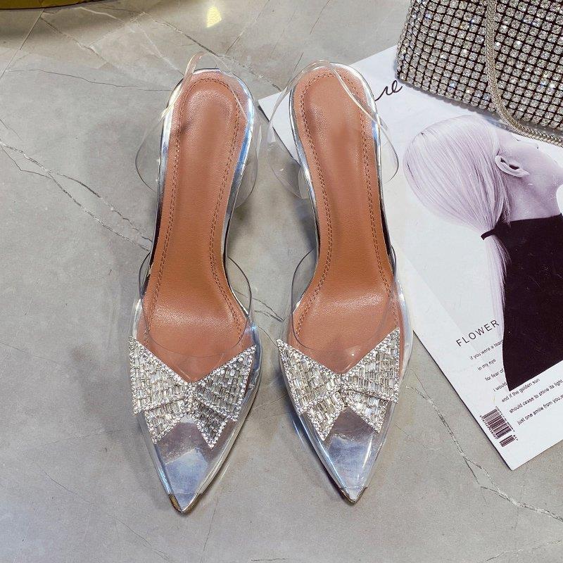 Heeled Sandals  | Women Rhinestone and Pearly Studded pointed heels | Transparent |  35| thecurvestory.myshopify.com