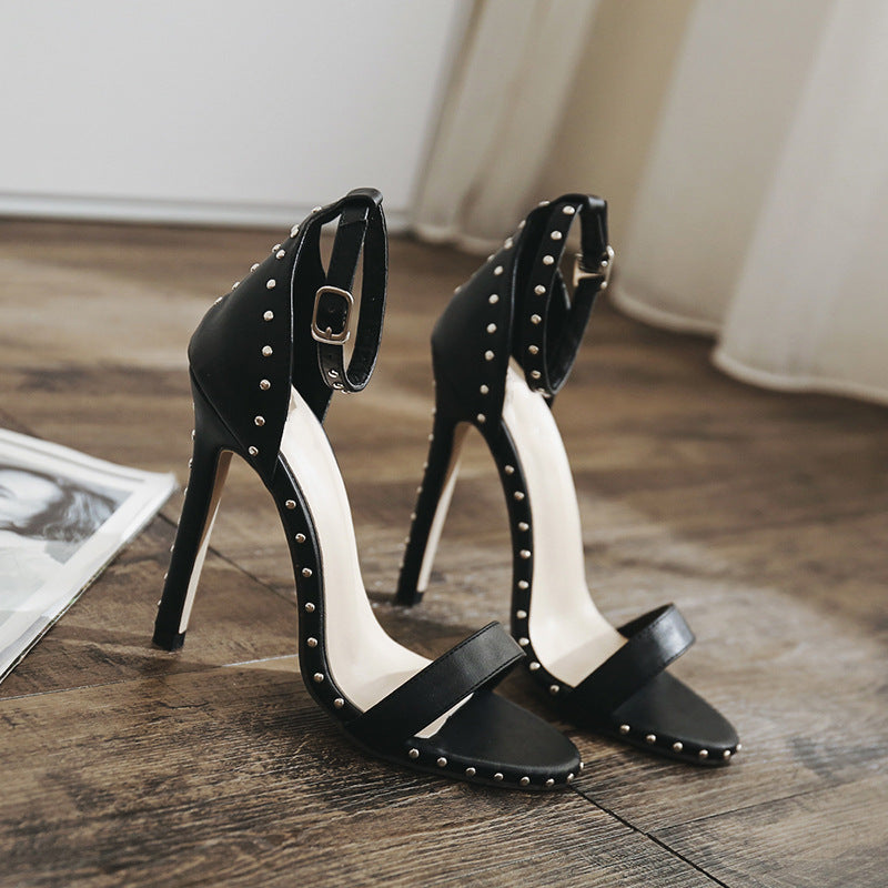 Heeled Sandals  | Europe and the United States word buckle stiletto shoes women's shoes rivet super high heel sandals | [option1] |  [option2]| thecurvestory.myshopify.com