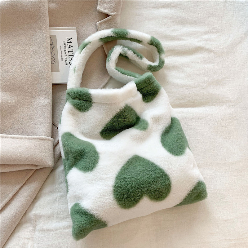 Tote Bag  | Love Shoulder Bags Winter Plush Tote Bag for Women | Heart green |  [option2]| thecurvestory.myshopify.com