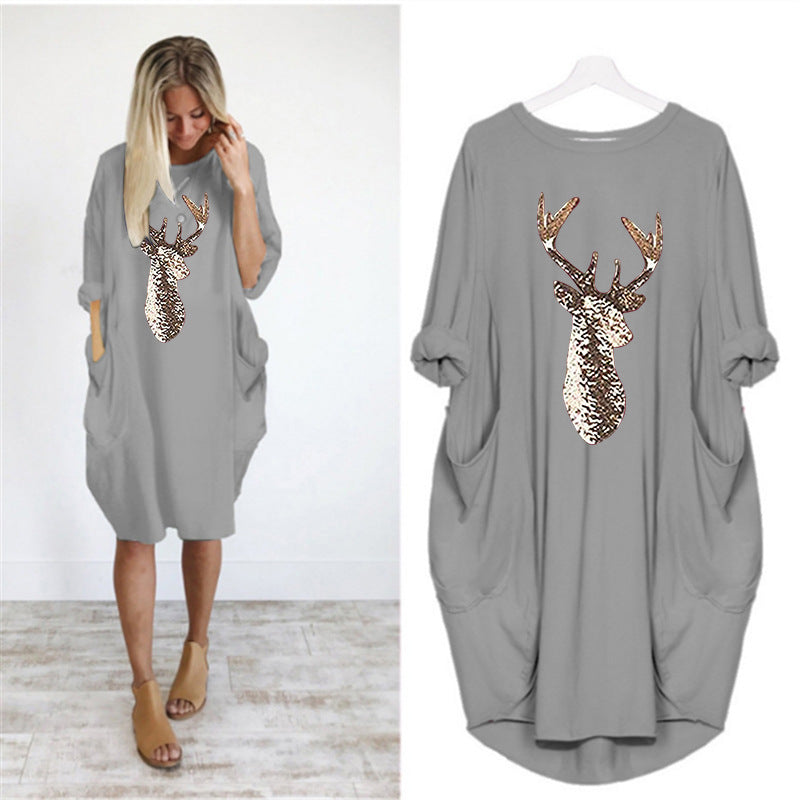 Dress  | Printed Round Neck tshirt Dress | Grey |  2XL| thecurvestory.myshopify.com