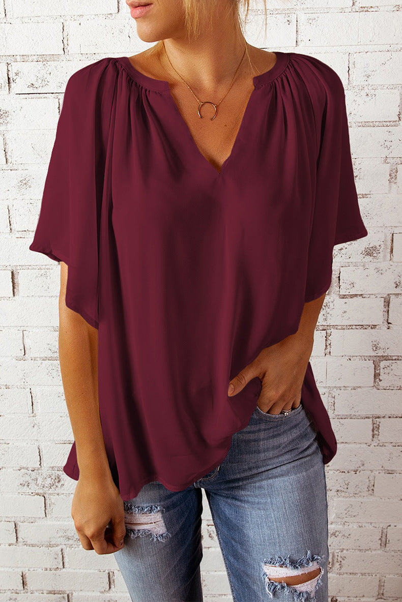 Tshirt  | Women's Loose Half Sleeve T-Shirt V-Neck Slim Fit | Red |  L| thecurvestory.myshopify.com