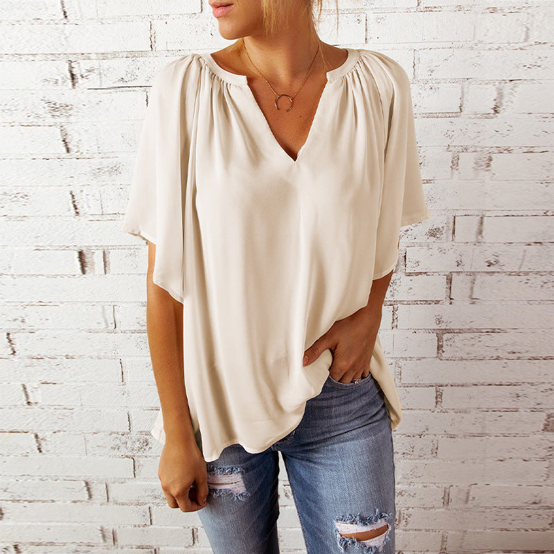 Tshirt  | Women's Loose Half Sleeve T-Shirt V-Neck Slim Fit | [option1] |  [option2]| thecurvestory.myshopify.com