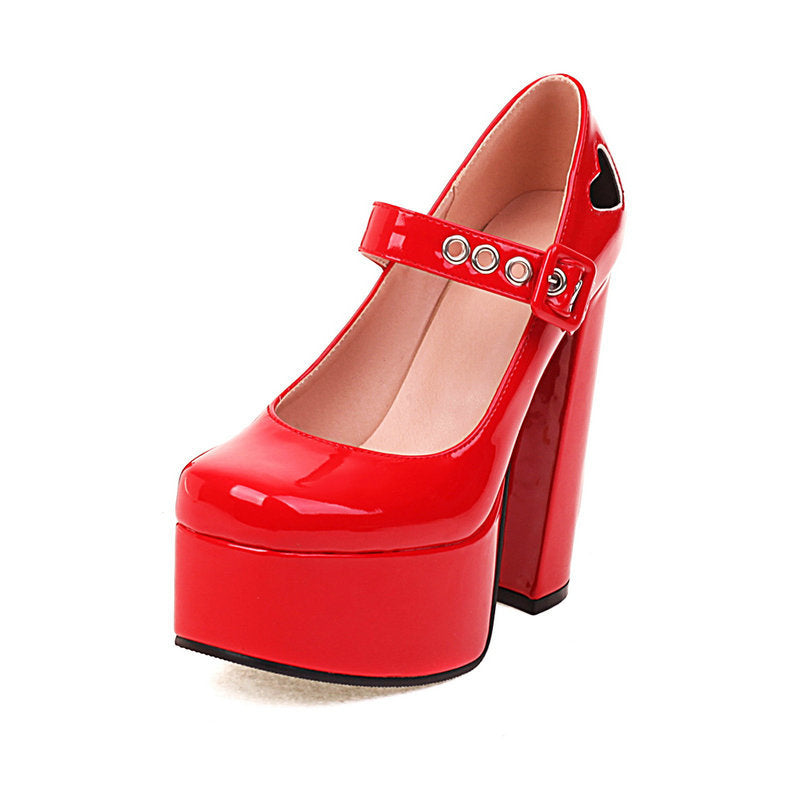 Heeled Pumps  | Women Patent Love Chunky high heeled Shoes | Red |  35| thecurvestory.myshopify.com