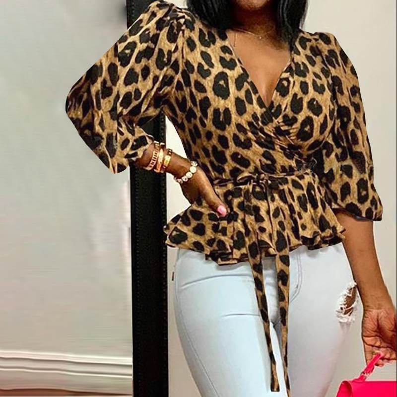 Plus size V-neck long-sleeved leopard print top  Tops Thecurvestory