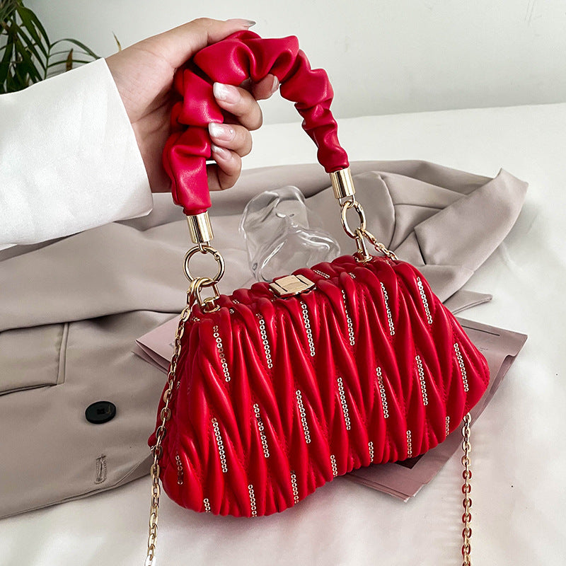 Handbag  | Fashion Chain Pleated Portable Hand Bag | Red |  [option2]| thecurvestory.myshopify.com