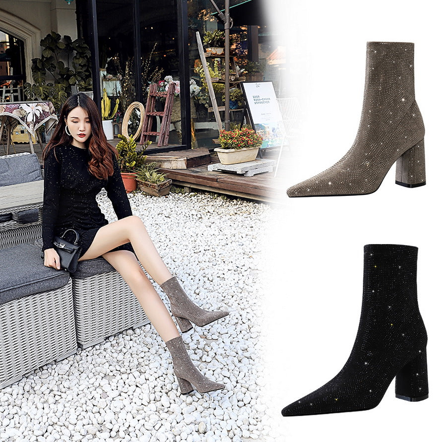 Rhinestone block Heel Boots With Pointed Toe  Heeled Boots Thecurvestory