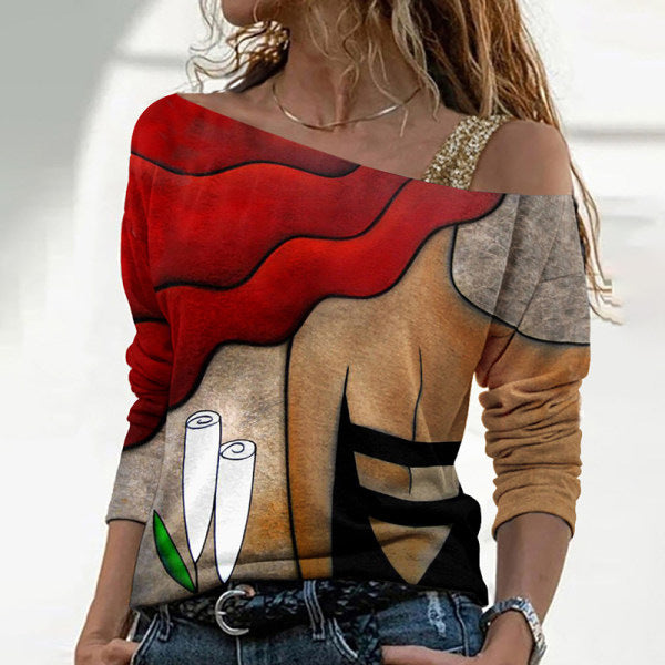 Fashion Casual Printed Trendy Diagonal Collar Top  Tops Thecurvestory