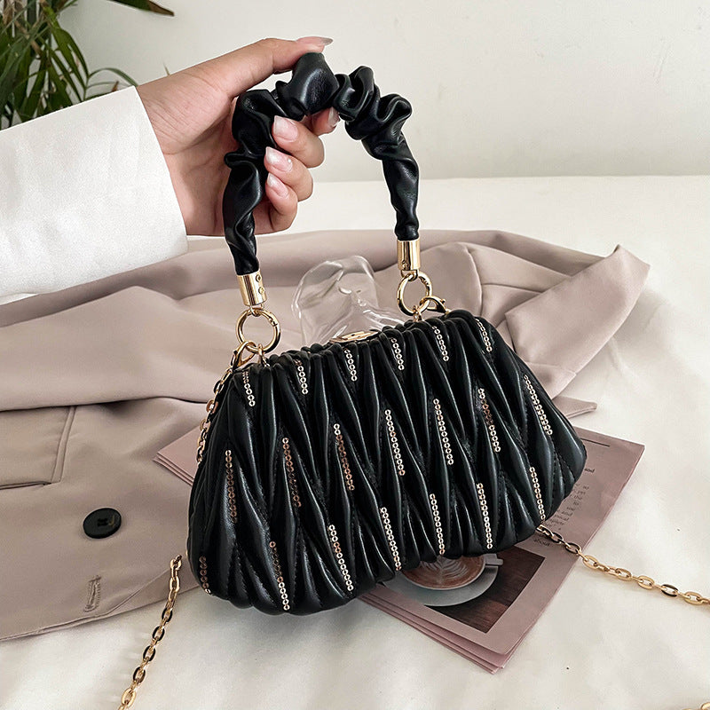 Handbag  | Fashion Chain Pleated Portable Hand Bag | Black |  [option2]| thecurvestory.myshopify.com