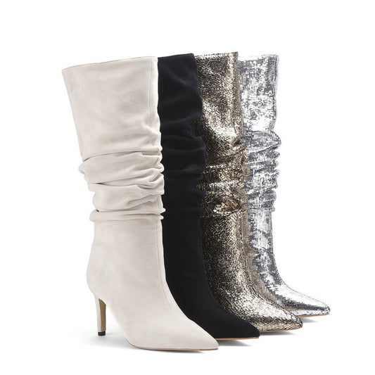 Pleated Mid-boots Silver Women's Plus Size Boots  Heeled Boots Thecurvestory