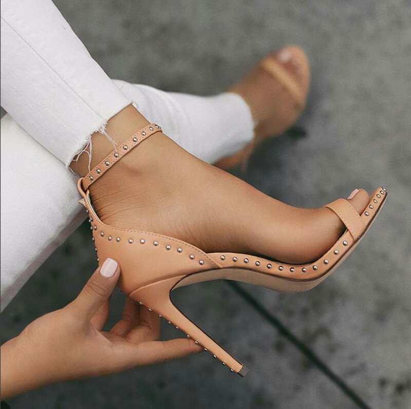 Heeled Sandals  | Europe and the United States word buckle stiletto shoes women's shoes rivet super high heel sandals | Brown |  35| thecurvestory.myshopify.com