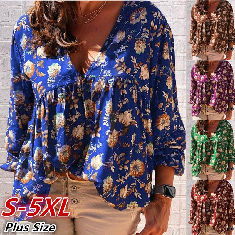 Plus Size  V-neck printed long-sleeved Top  Tops Thecurvestory