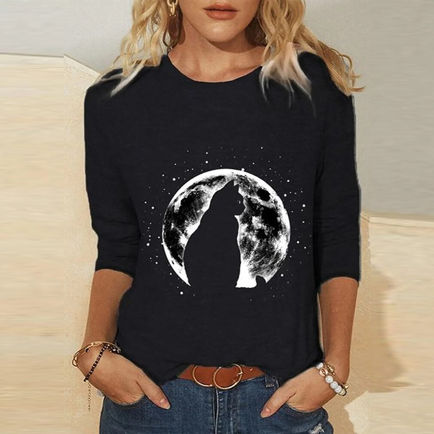 Tshirt  | Knitted Long Sleeve Printed Round Neck Women's T-Shirt | 2style |  2XL| thecurvestory.myshopify.com