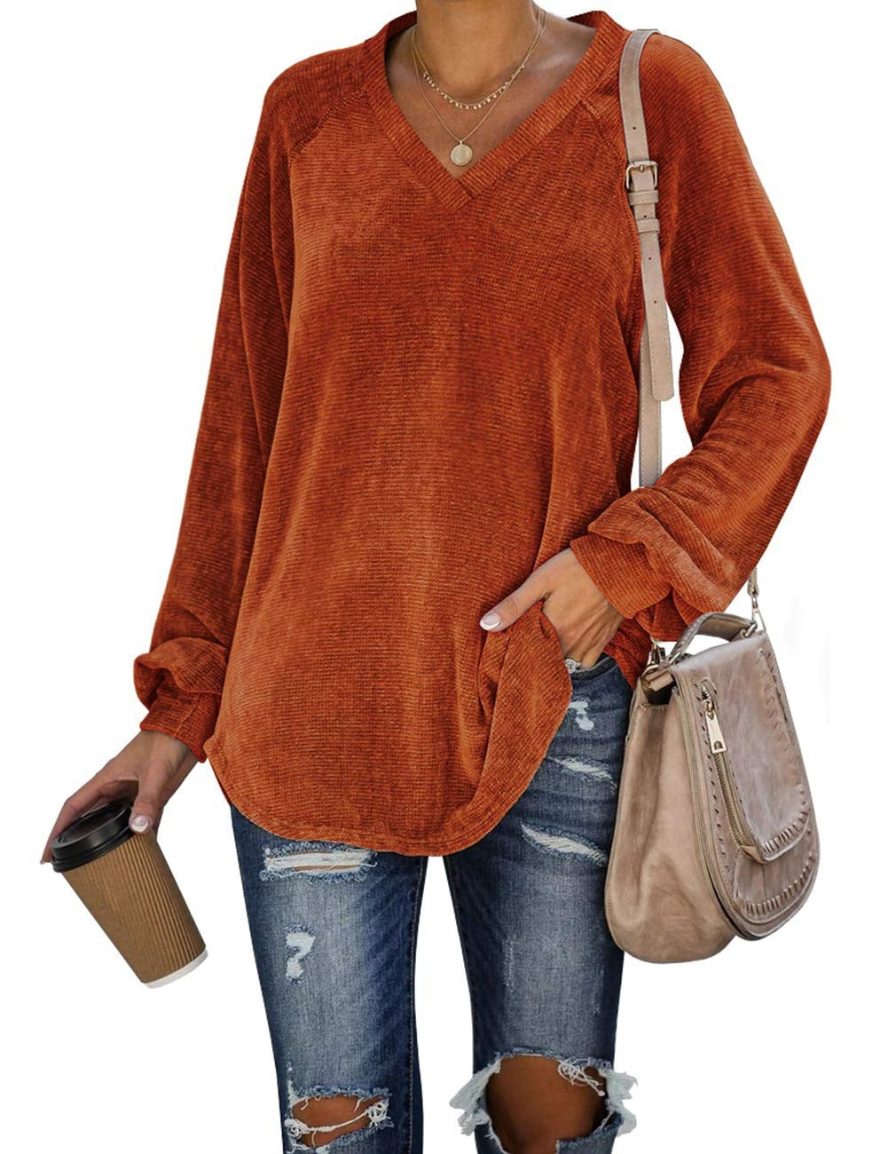 Tshirt  | Plus size women’s V-neck long sleeves T-shirt | Rust red |  3XL| thecurvestory.myshopify.com