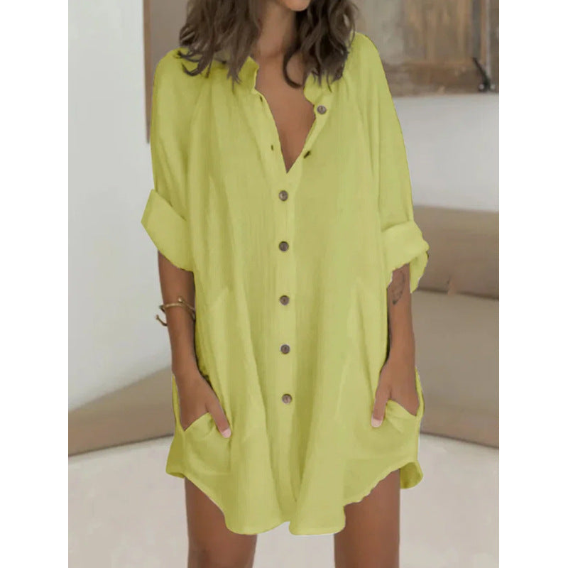 Tops  | Women's Cotton And Linen Breasted Mid Length Short Sleeve Loose Top | Green |  3XL| thecurvestory.myshopify.com