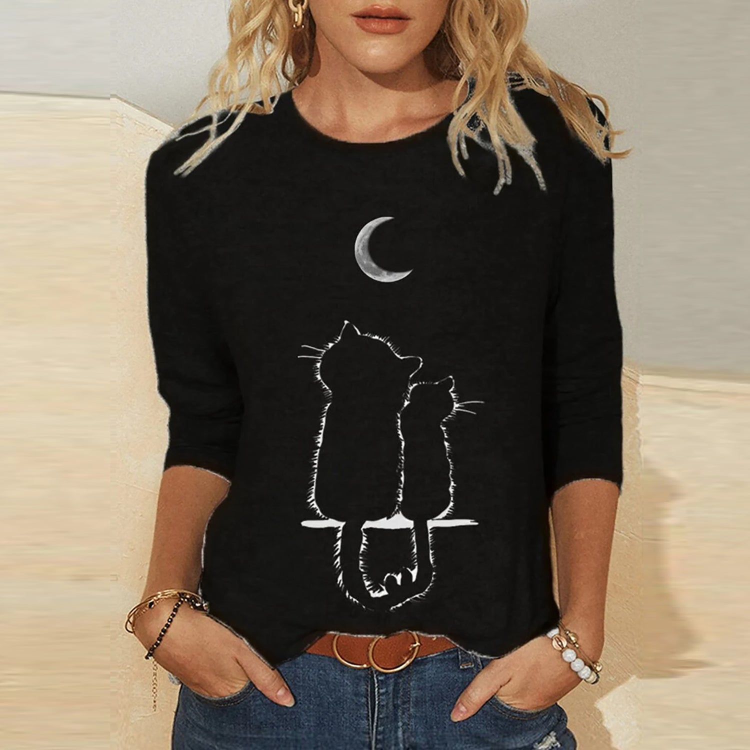 Tshirt  | Knitted Long Sleeve Printed Round Neck Women's T-Shirt | [option1] |  [option2]| thecurvestory.myshopify.com