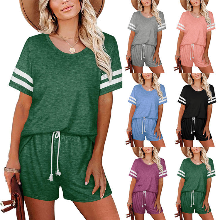 Round Neck Short Sleeve Striped Co-ord set  Co-ord Sets Thecurvestory