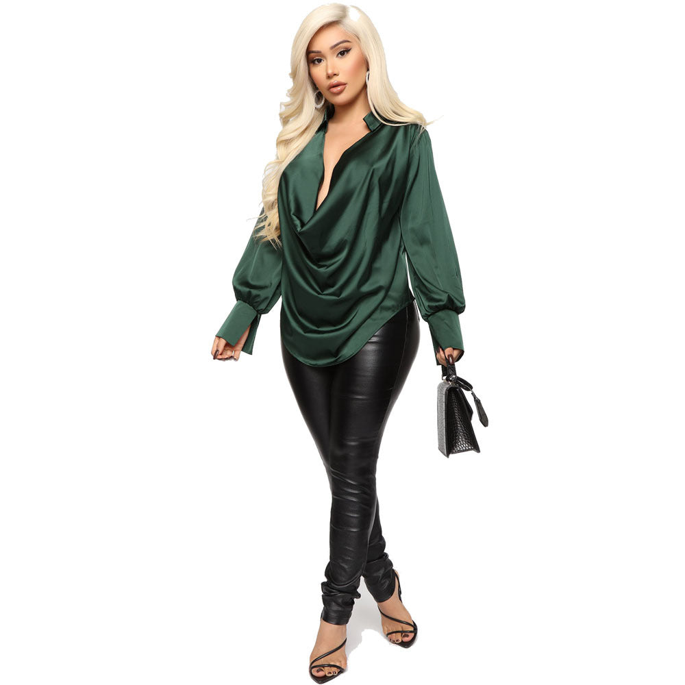 Long-sleeved Deep V-neck Satin All-match Top  Tops Thecurvestory
