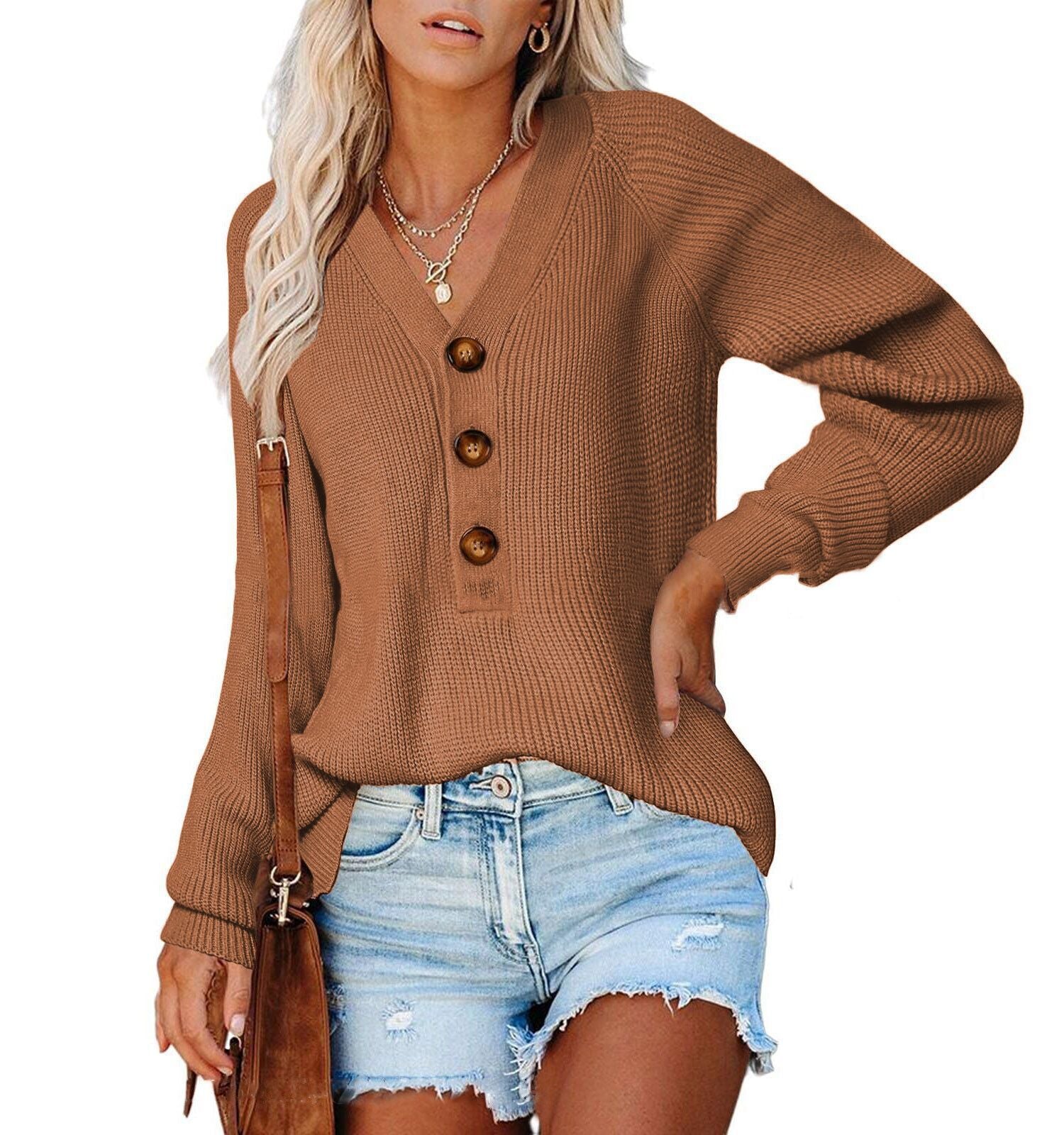 New Button Knitted V-neck Sweater  sweaters Thecurvestory