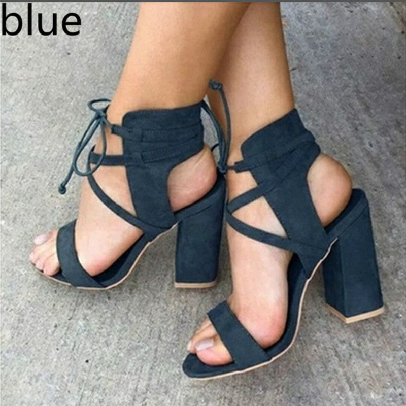 Heeled Sandals  | Super high heel hollow round head with sandals ankle strap buckle women's shoes | Blue |  34| thecurvestory.myshopify.com