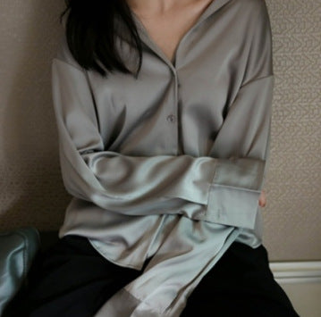 Shirt  | Women's Long-sleeved Satin Shirt | Grey |  2XL| thecurvestory.myshopify.com