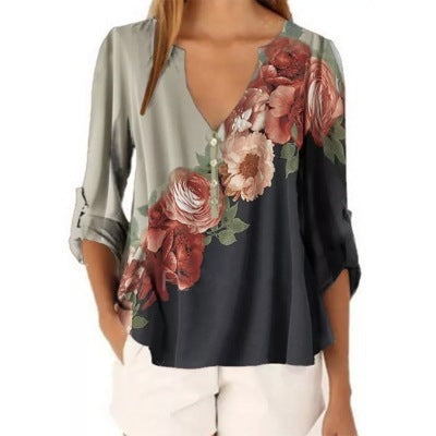 Shirt  | Plus size Floral print shirt for women | Grey |  L| thecurvestory.myshopify.com